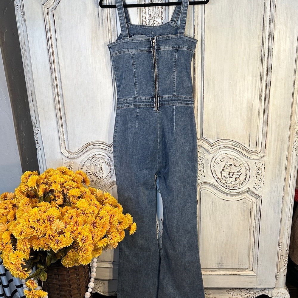 Retro Groovy Medium Wash Denim Strap Jumpsuit - Picture 6 of 13